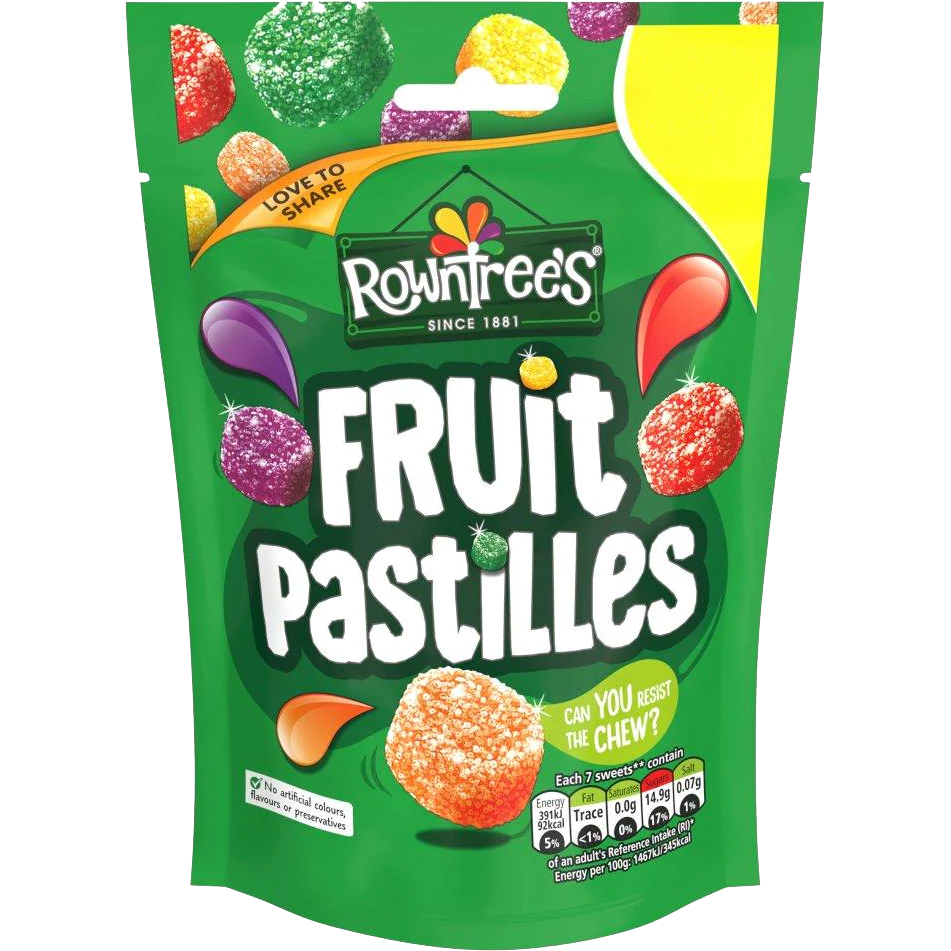 Assorted Rowntree's Fruit Pastilles in vibrant colors, showcasing a variety of chewy confectionery snacks on a white background.