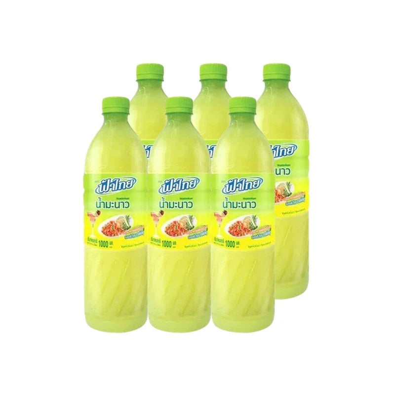 FATHAI Lime Juice 1L bottle for cooking and beverages, shown in a pack of six on a grocery shelf.