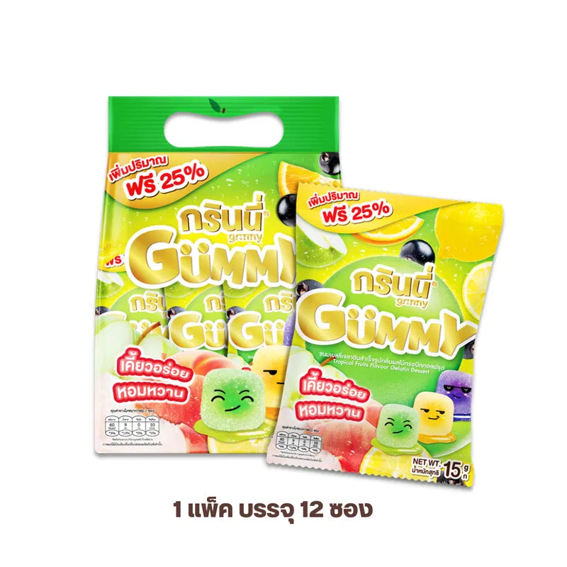 Grinny Tropical Fruits Flavour Gelatin Dessert 15g packet, dry grocery snack with colorful tropical fruit flavor and gelatin texture
