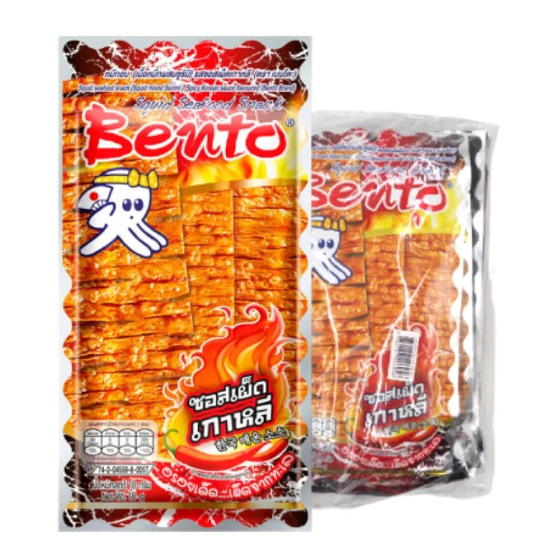 BENTO Korean Spicy Sauce snack pack with six 18g servings, featuring vibrant packaging and spicy flavor for confectionery lovers.
