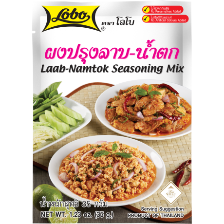 Lobo Laab Namtok Seasoning Mix in a packet, used for flavoring traditional Thai or Laotian dishes, grocery seasoning product.