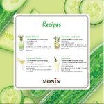 Bottle of MONIN Cucumber Syrup in 700ml size, used for cocktails and beverages, with a green cucumber flavor label.