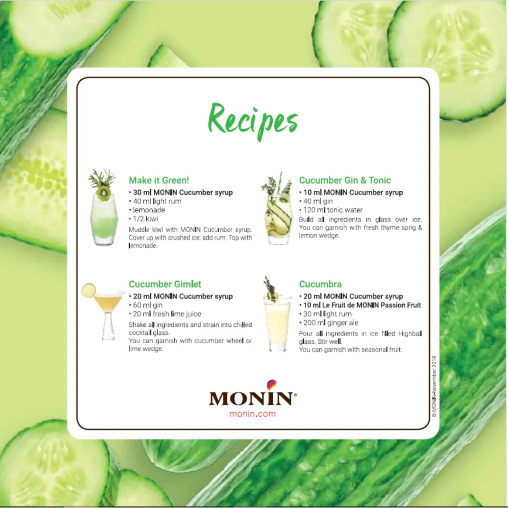 Bottle of MONIN Cucumber Syrup in 700ml size, used for cocktails and beverages, with a green cucumber flavor label.