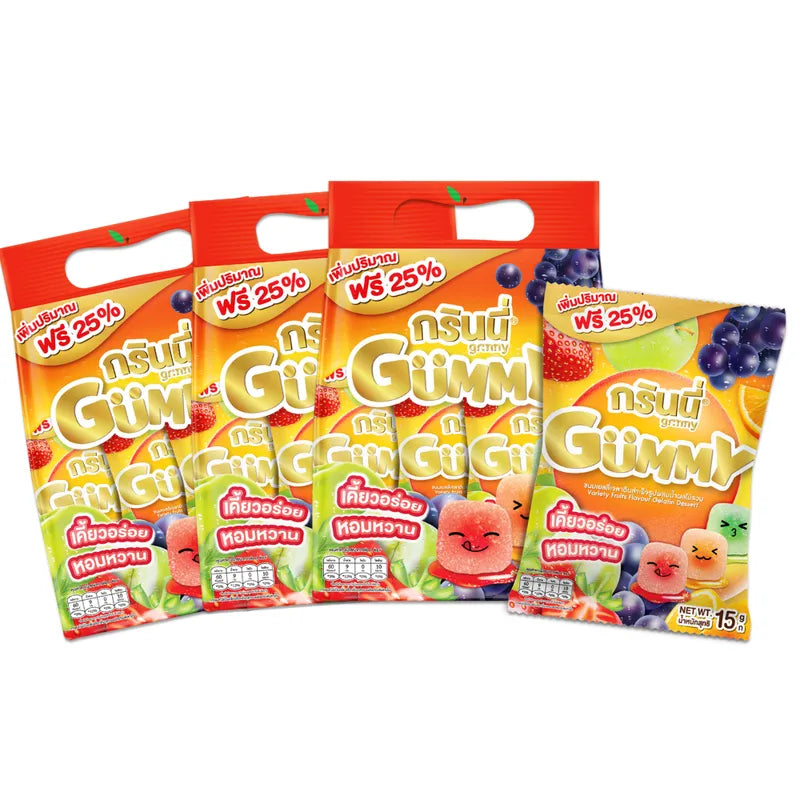 Grinny variety fruits flavor gelatin dessert packets, 15g x3, dry grocery snack with colorful fruit-flavored gelatin in packaging.
