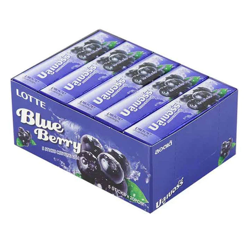 Lotte Blueberry Stick Gum, 13.5g x20 packs, blueberry-flavored chewing gum from the dry grocery snacks confectionery range.