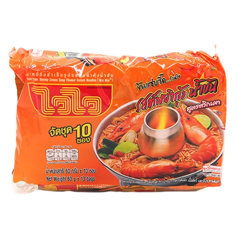 WAIWAI Instant Noodles Tomyum Kung Namkon 60g pack, dry grocery product with spicy Thai tomyum flavor and seafood ingredients.