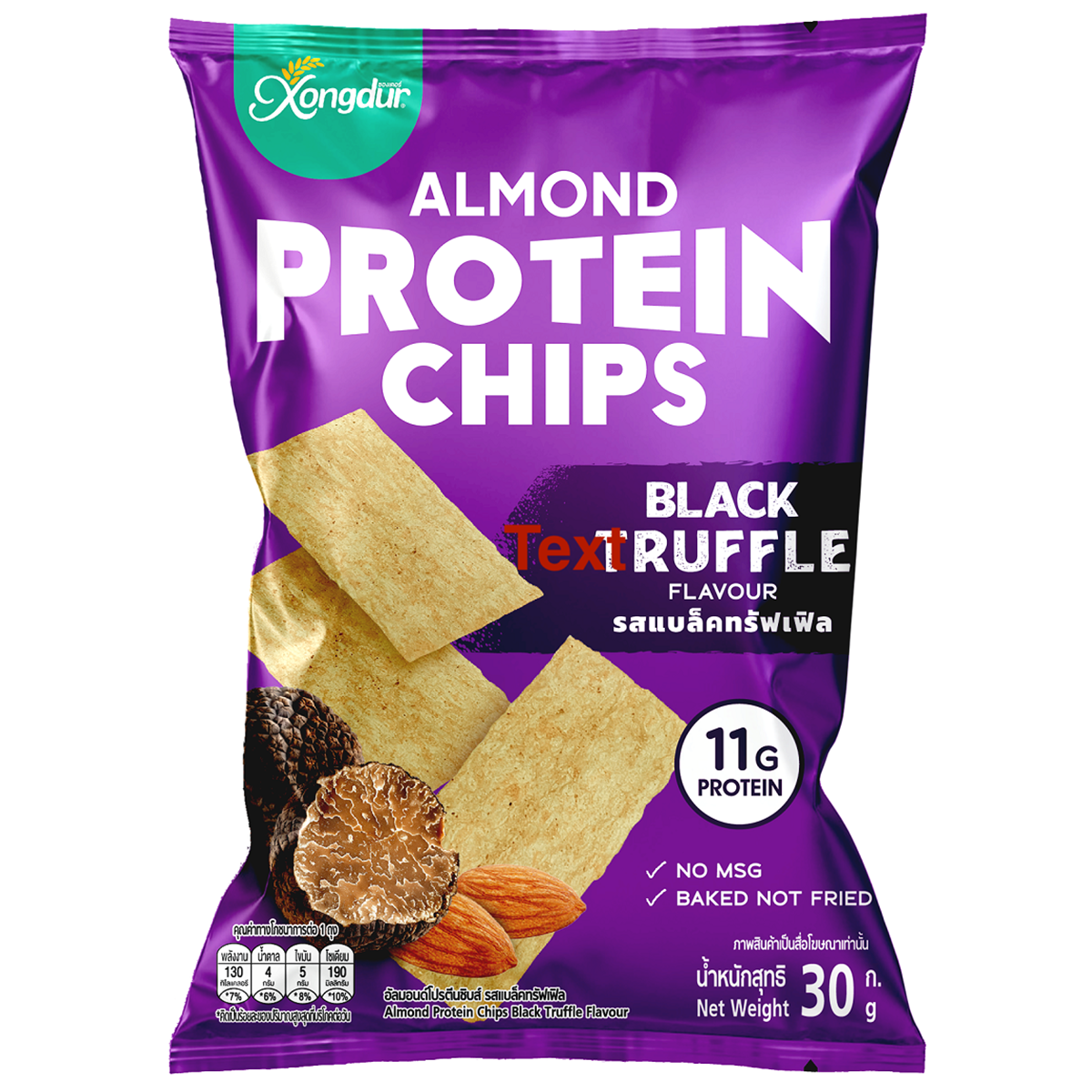 Xongdur Almond Protein Chips in black truffle flavor, a savory confectionery snack with almonds and crispy chip texture.