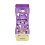 Peachy Cereal Puff Snacks mixed with blueberries, dry grocery snack by PEACHY, showing colorful puffed cereal and blueberries.