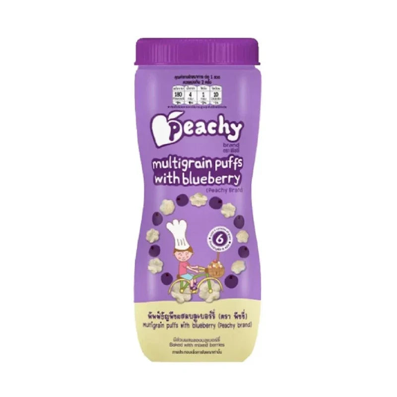 Peachy Cereal Puff Snacks mixed with blueberries, dry grocery snack by PEACHY, showing colorful puffed cereal and blueberries.