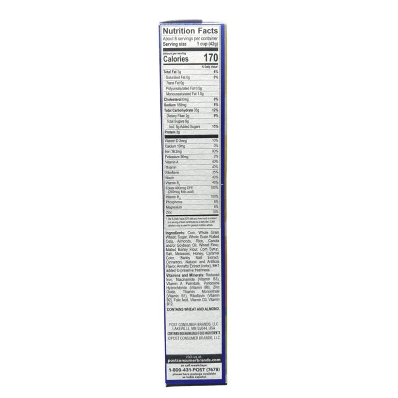 Post Honey Bunches of Oats with Almond cereal in a 340g box, showing a bowl of cereal with almonds and honey on the packaging.
