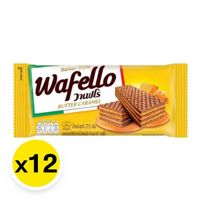 Wafello unsalted butter caramel snack pack, 35g x12, dry grocery confectionery with creamy caramel flavor and snack-sized portions.