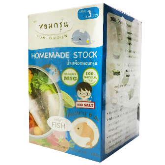 Hom-Groon Fish Stock bottle showing clear liquid, label with fish illustration, and cap, used for cooking and flavoring dishes.