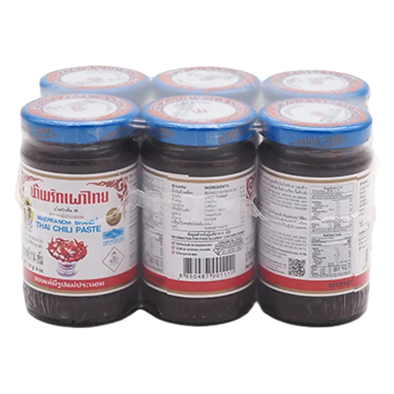 Maepranom Chili Paste 144g, shown in a jar with red chili paste, part of the MAEPRANOM dry grocery product line