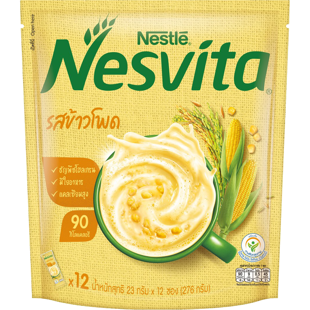 Nestle Nesvita Crispy Corn cereal drink in a glass, showcasing the colorful cereal pieces and creamy texture.