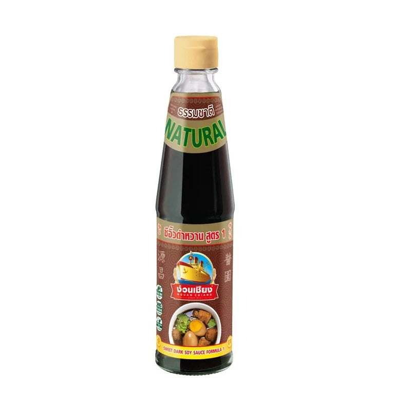 Bottle of NGUAN CHIANG Sweet Dark Soy Sauce Formula 1, 300ml, in a clear plastic bottle with a black cap, for cooking and seasoning.