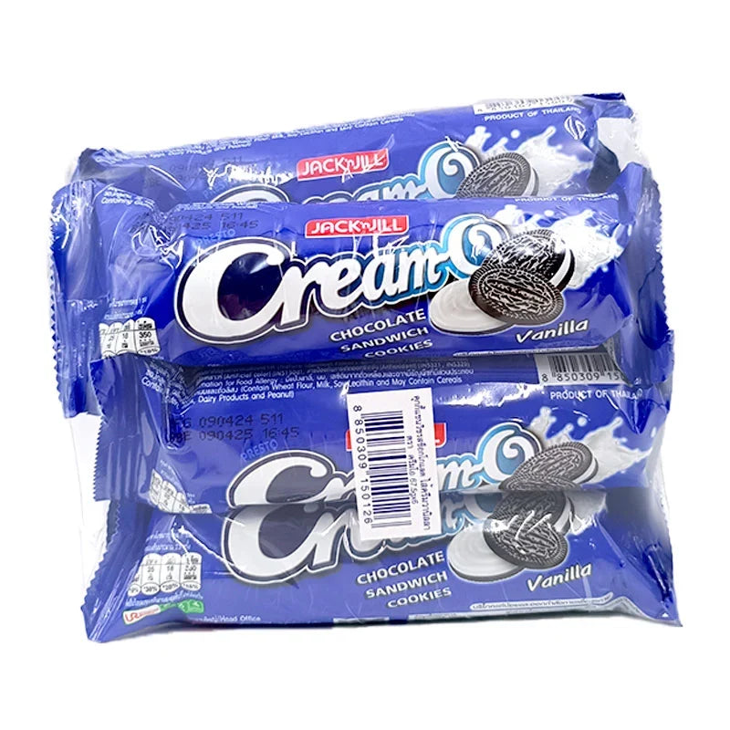 Cream-O Cookies Chocolate Vanilla snack pack, six 67.5g boxes, featuring creamy chocolate and vanilla-flavored cookies.