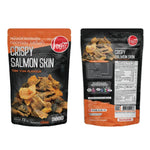O-YUA Crispy Fried Salmon Skin snacks in Tom Yum Goong flavor, showing golden, crispy salmon skins in a 72g package.