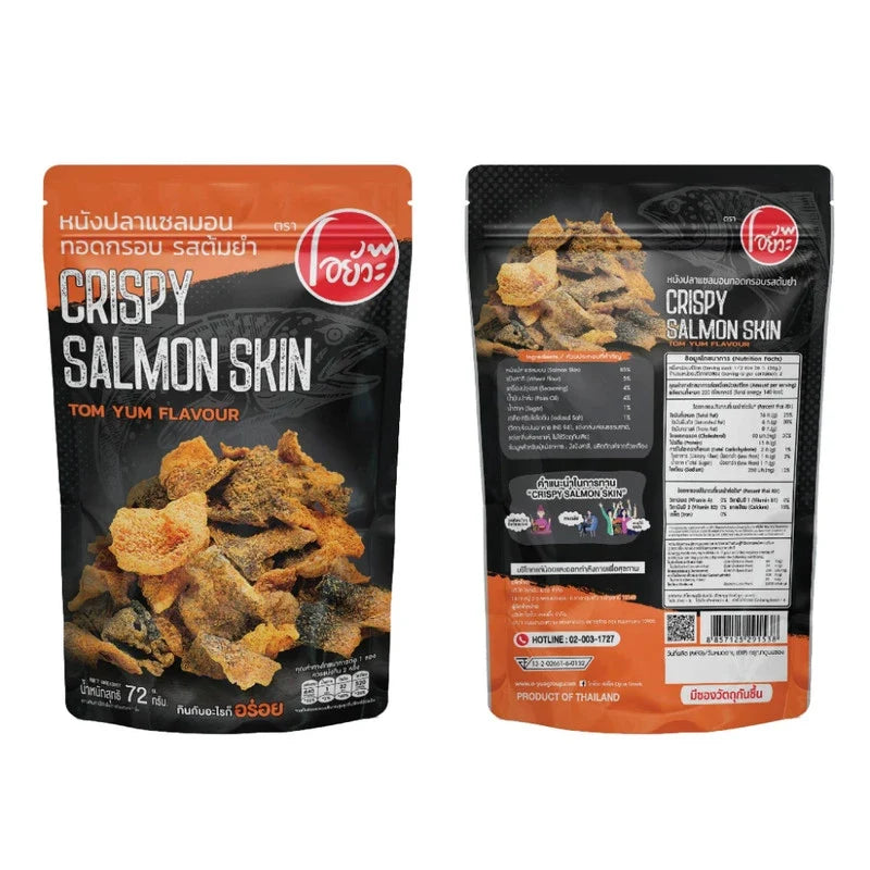 O-YUA Crispy Fried Salmon Skin snacks in Tom Yum Goong flavor, showing golden, crispy salmon skins in a 72g package.