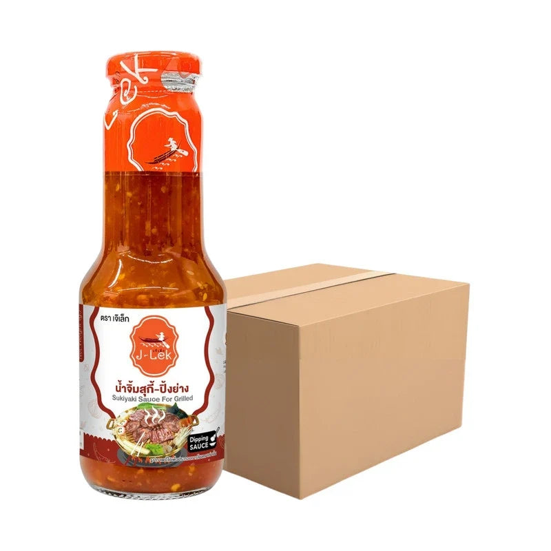 Three bottles of J-LEK Sukiyaki Grilled Sauce, 350g each, in clear bottles with labels, displayed on a white background.
