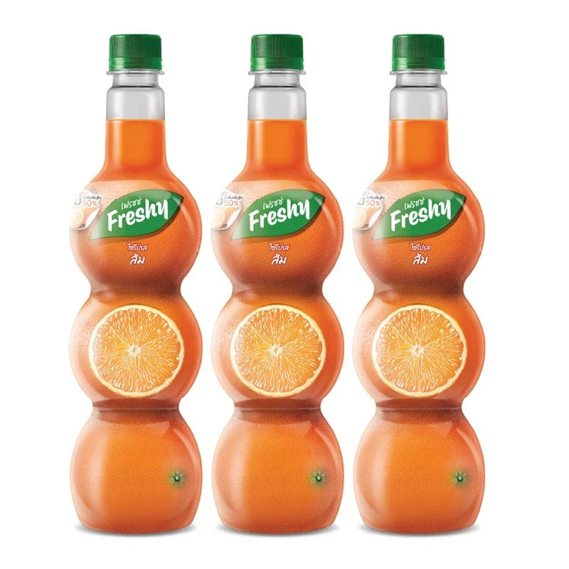 Freshy Syrup with orange juice concentrate, 710ml bottles, in a set of three, suitable for dry grocery use.