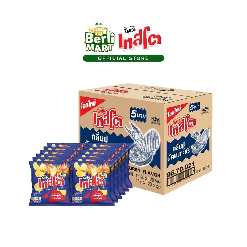 Tasto Crispy Potato Chips with crab flavor and curry powder, 11g snack, crispy dry grocery snack in a colorful bag.