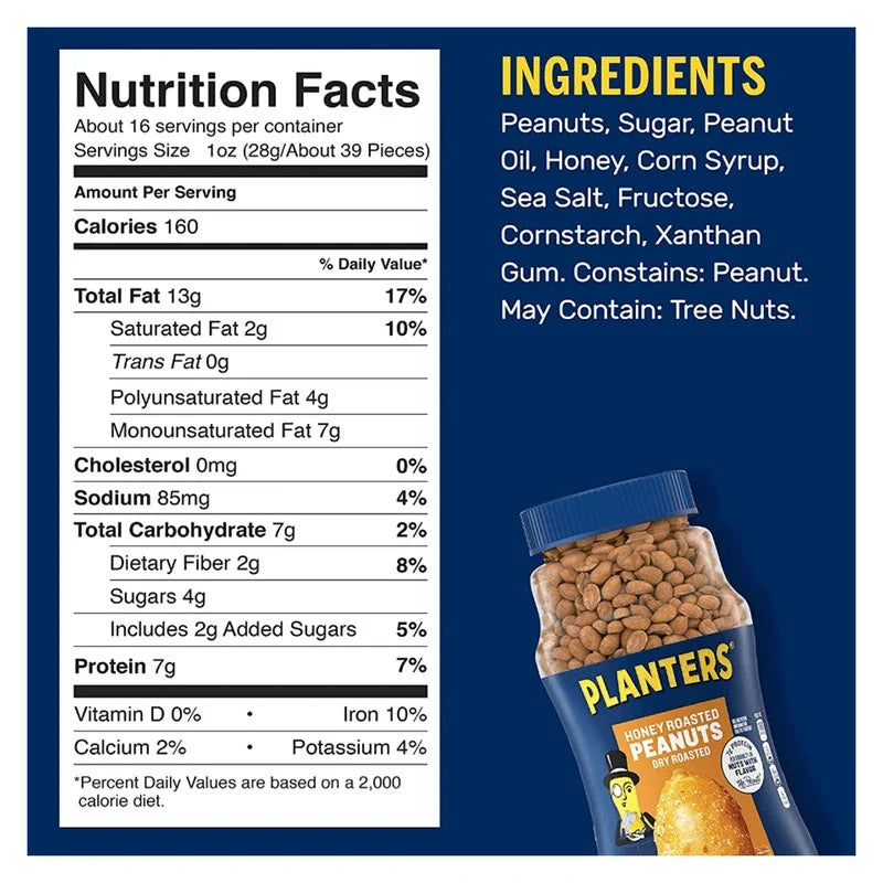 PLANTERS Dry Honey Roasted Peanuts with Coating and Sea Salt, 453g, in a clear bowl showing crispy, coated snack peanuts.