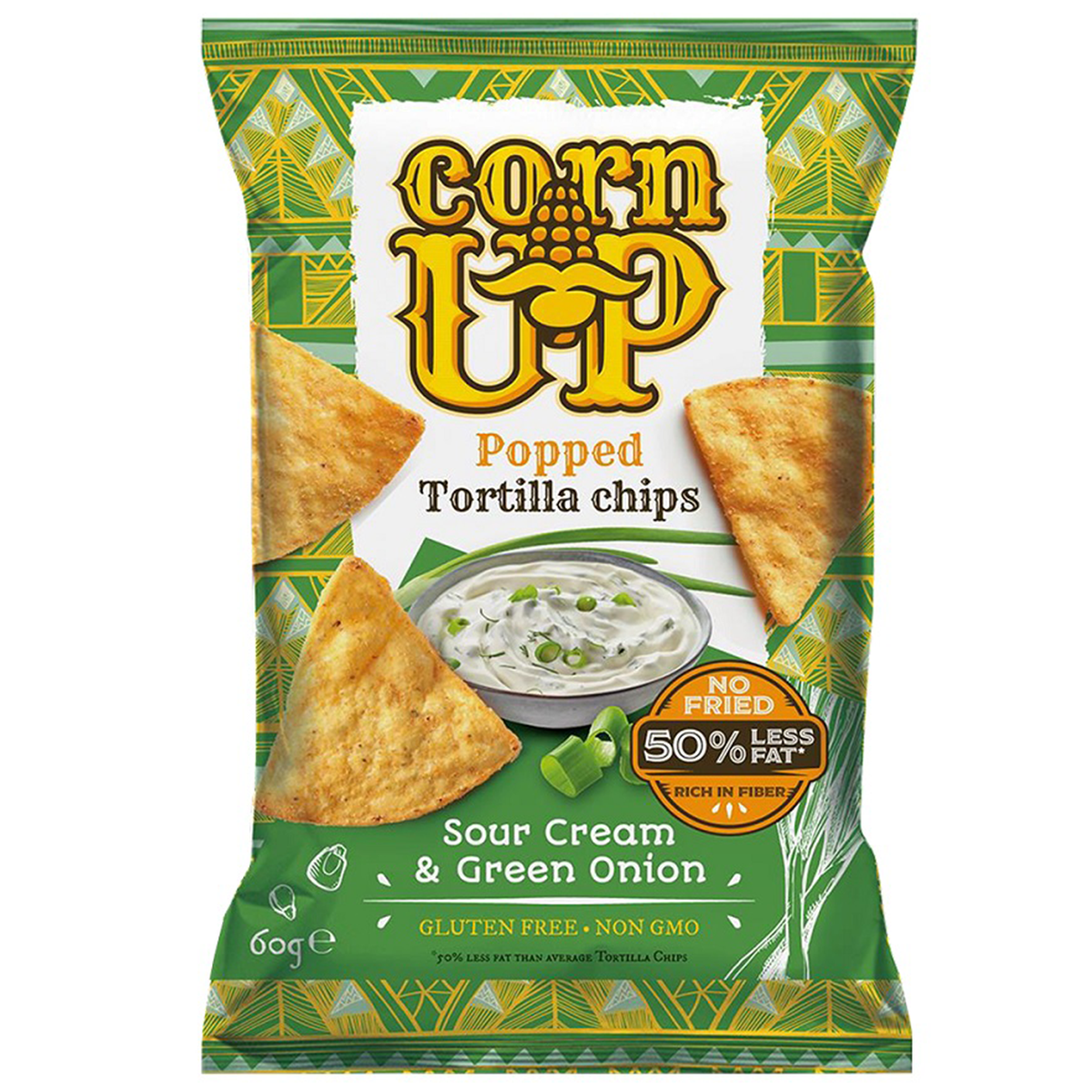 Corn Up Sour Cream and Green Onion confectionery snacks in colorful packaging with green onions and sour cream flavor illustration.