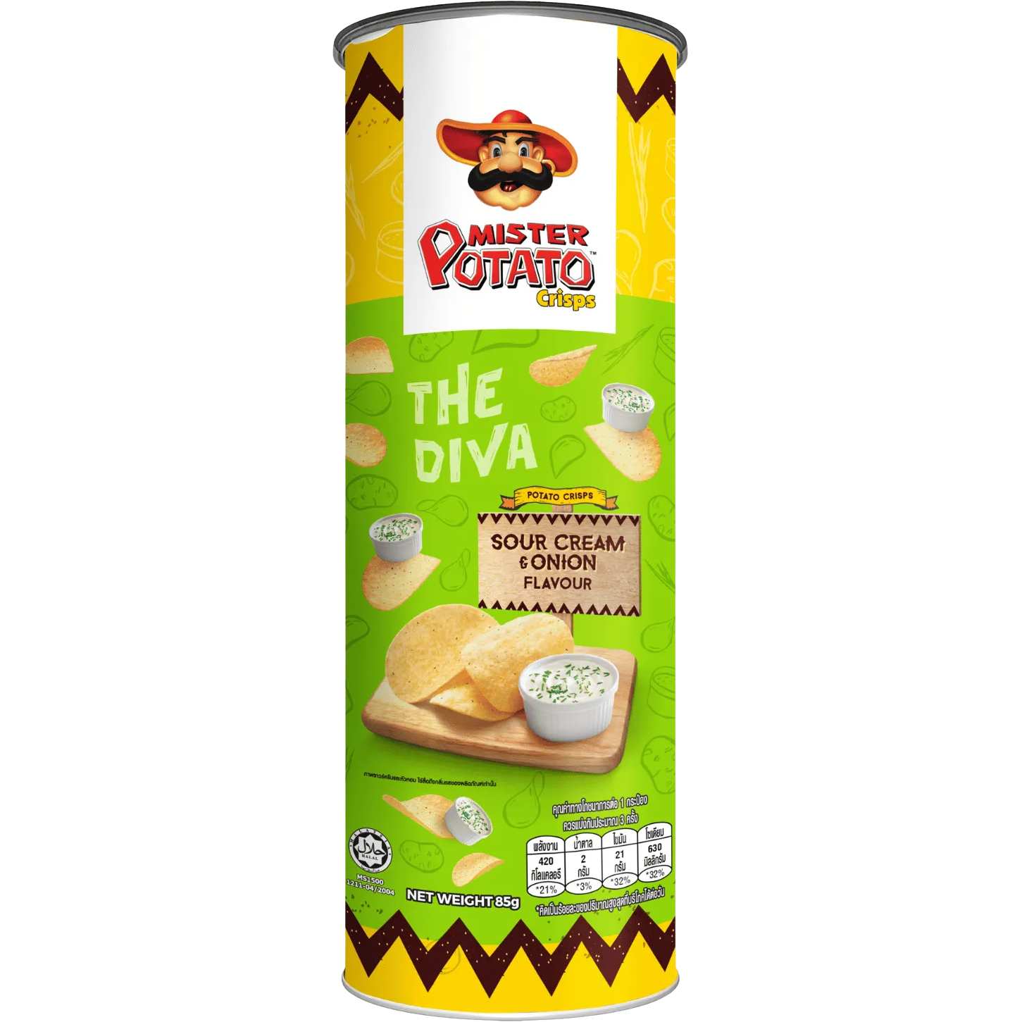 Mister Potato Sour Cream Onion potato crisps in a colorful snack bag, showcasing the savory flavor and crispy texture.