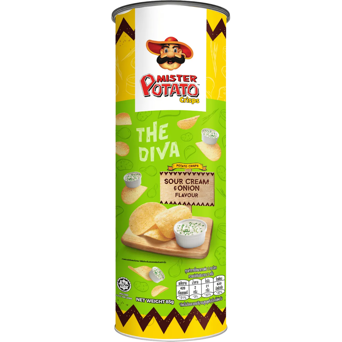 Mister Potato Sour Cream Onion potato crisps in a colorful snack bag, showcasing the savory flavor and crispy texture.