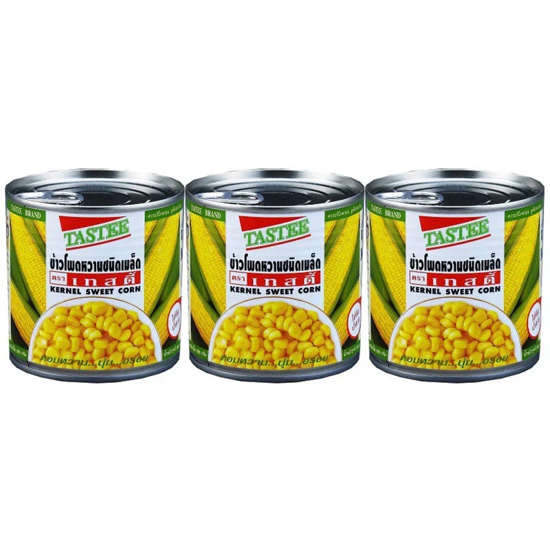 Three packs of TASTEE Sweet Corn in 340g sizes, showing vibrant yellow corn kernels in clear packaging.