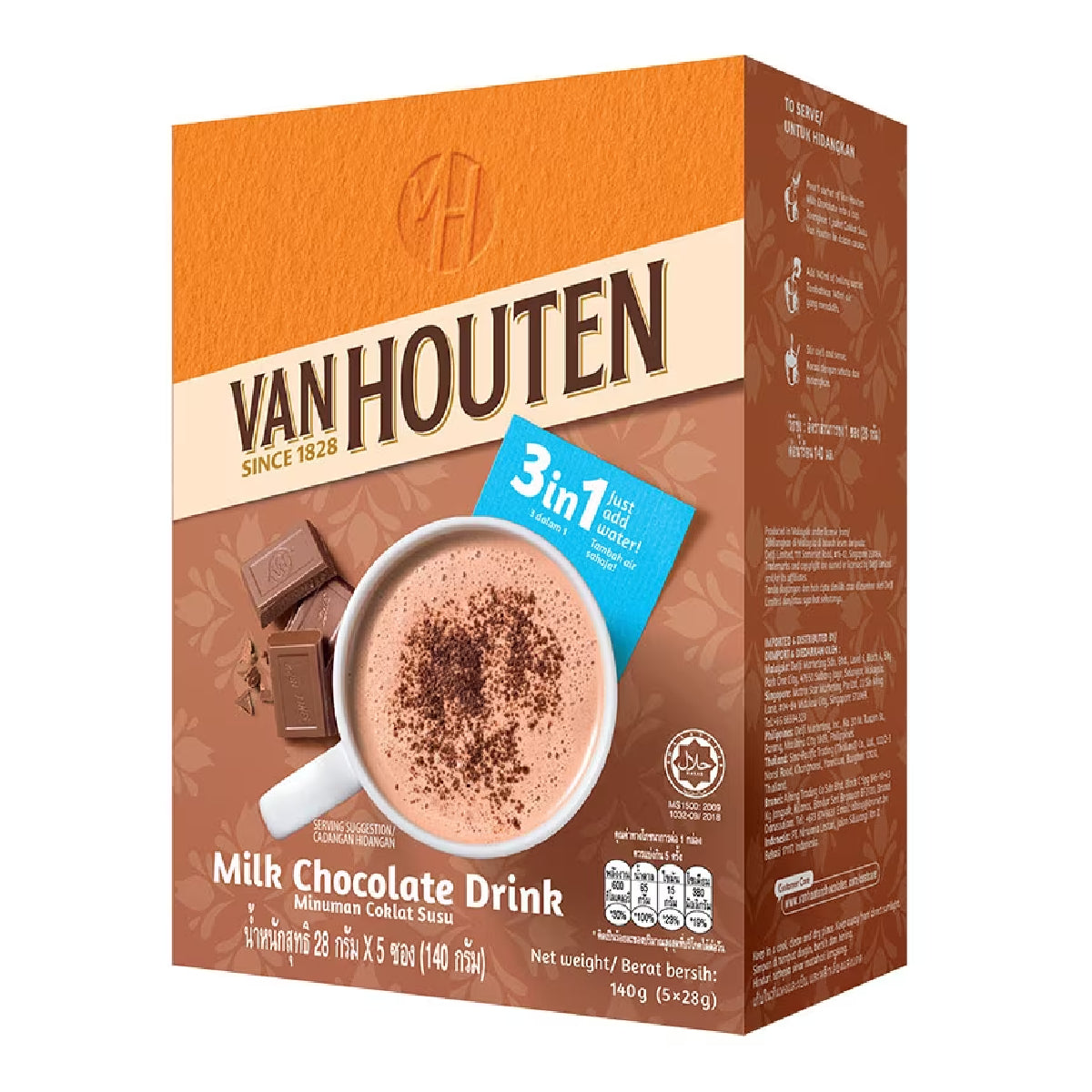 Van Houten Milk Chocolate Drink in a glass cup, showcasing creamy chocolate beverage with a rich, smooth texture.
