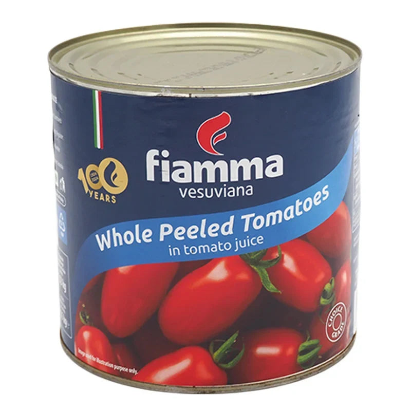 Fiamma Vesuviana whole peeled tomatoes in a 2.55kg package, dry grocery product, showing ripe, peeled tomatoes in a clear container.