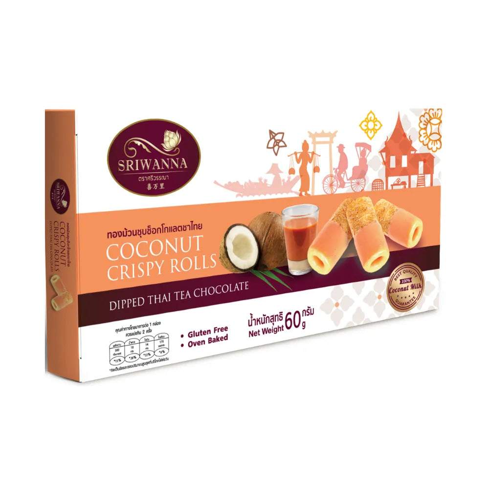 Sriwanna Coconut Crispy Rolls dipped in Thai tea, a 60g snack confectionery with crunchy texture and coconut flavor.