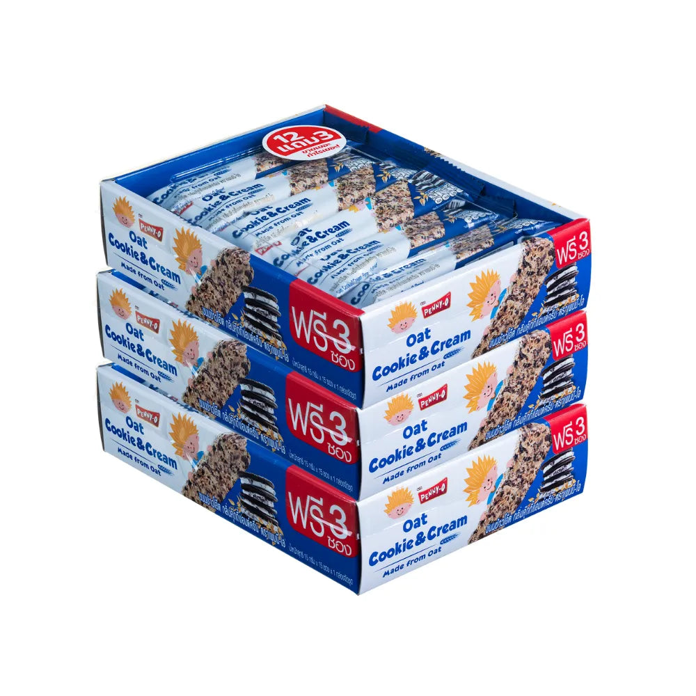 Pennyo Oatmeal Snacks Cookies in Cookie and Cream flavor, 15g x 3 packs, a tasty dry grocery snack confectionery.