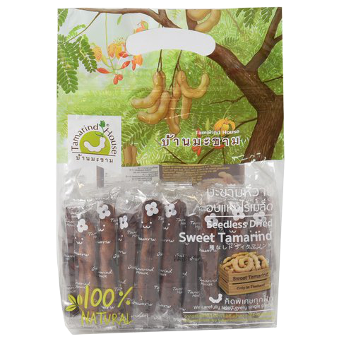 Dried tamarind snack from Tamarind House, showing glossy, dark brown tamarind pods in a natural, close-up view.