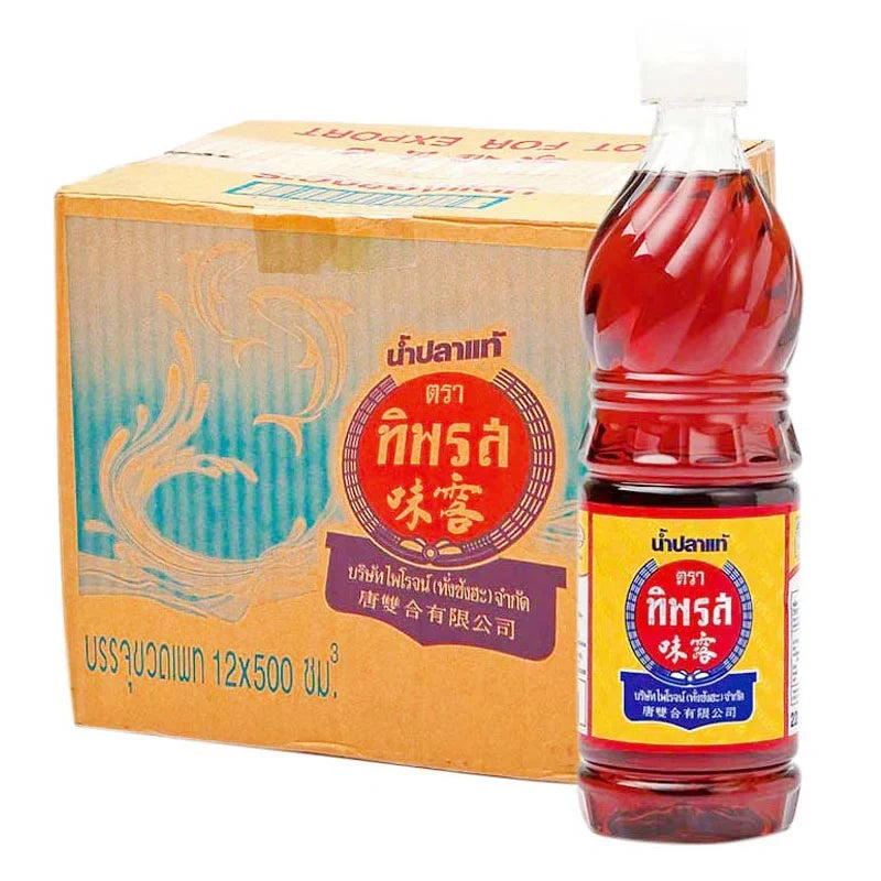TIPAROS Fish Sauce 500ml bottle, 12-pack of dry grocery condiment, showing clear glass bottles with dark fish sauce inside.
