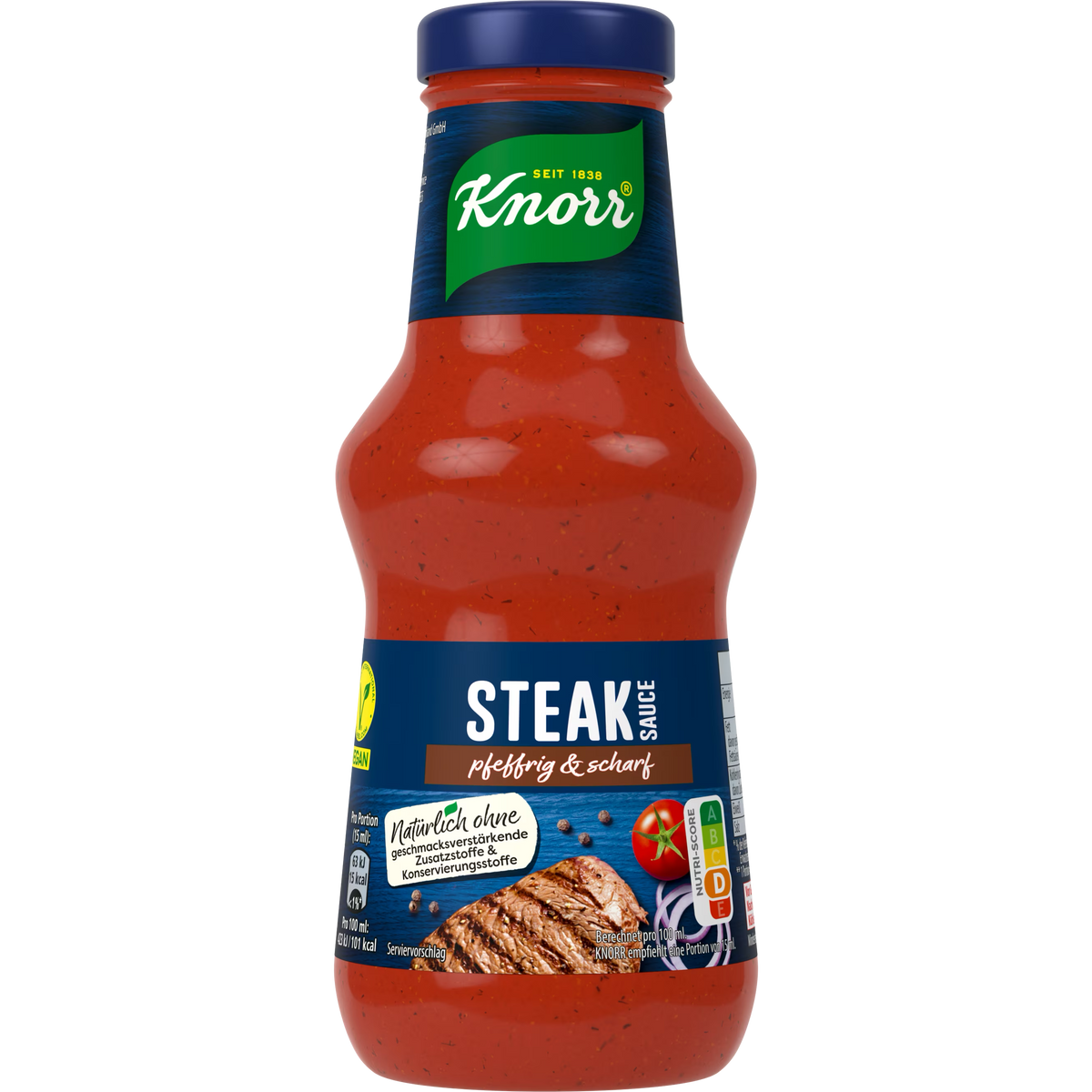 Bottle of Knorr Steak Sauce, a savory grocery condiment with rich flavor, shown in a clear container with a red cap.