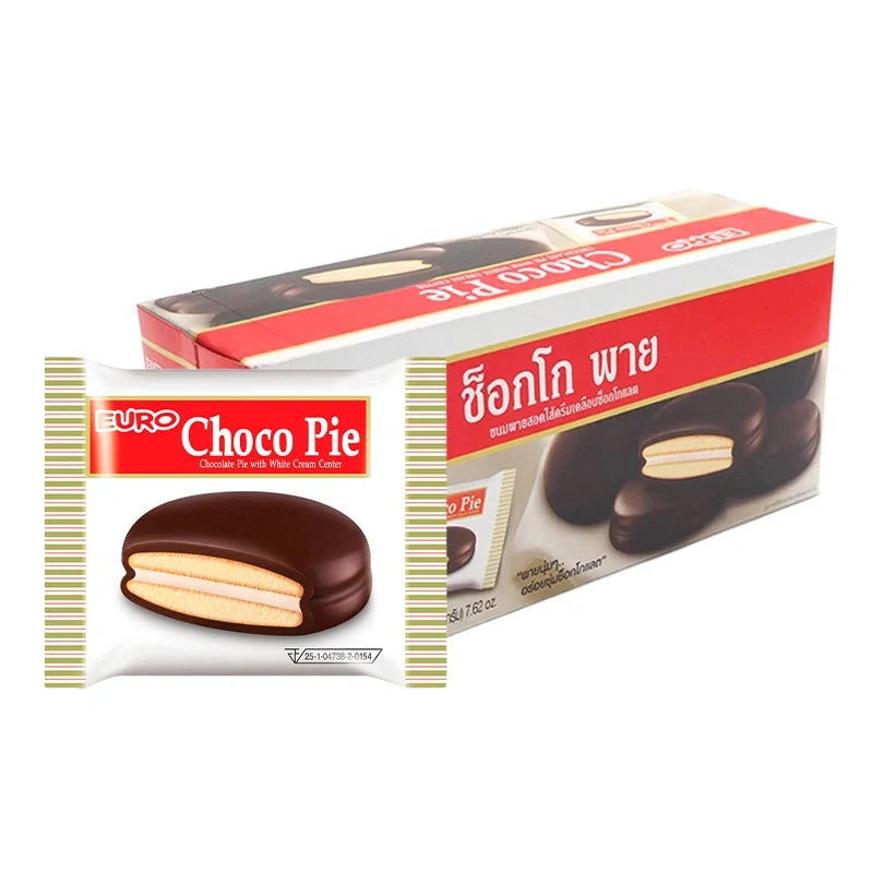 Euro Chocopie chocolate snack with creamy center, 18g, set of 12, in a colorful packaging for dry grocery and confectionery.