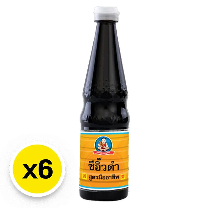 DEK SOM Boon Black Soy Sauce 370ml bottle, part of a six-pack, in a dry grocery setting with dark soy sauce label and packaging.