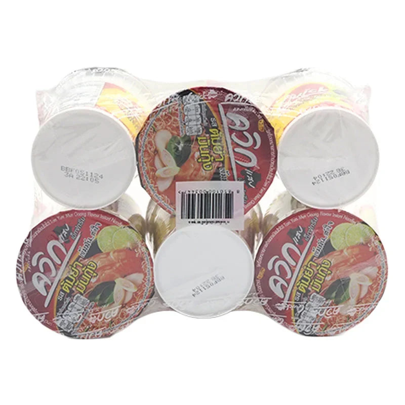 Quick Instant Noodle Cup Tom Yum Mun Kung 60g, dry grocery product with six cups featuring spicy Thai shrimp-flavored noodles.