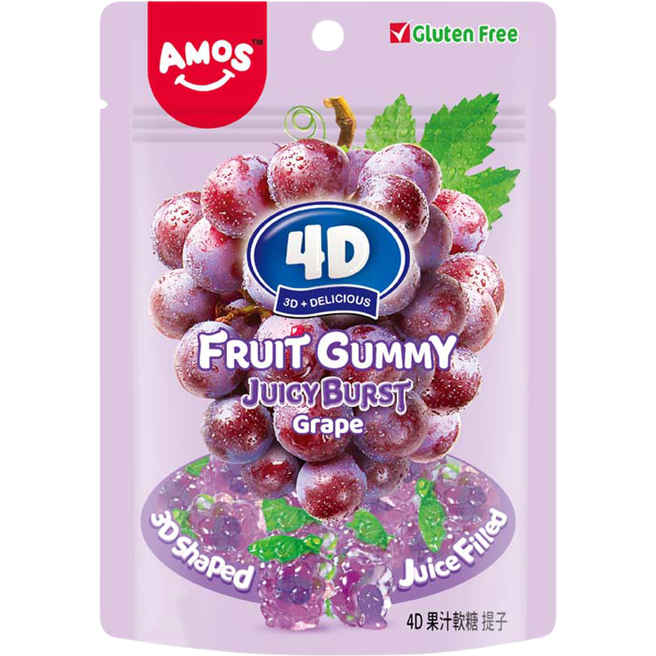 Amos 4d Gummy Center Filled Grape confectionery snack with purple grape-flavored gummy exterior and sweet center filling.