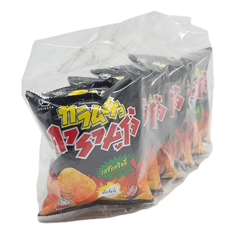 Karamucho Hot Chili Potato Chips in a flat cut 18g snack pack, displayed in a multi-pack of six, crispy and flavorful.