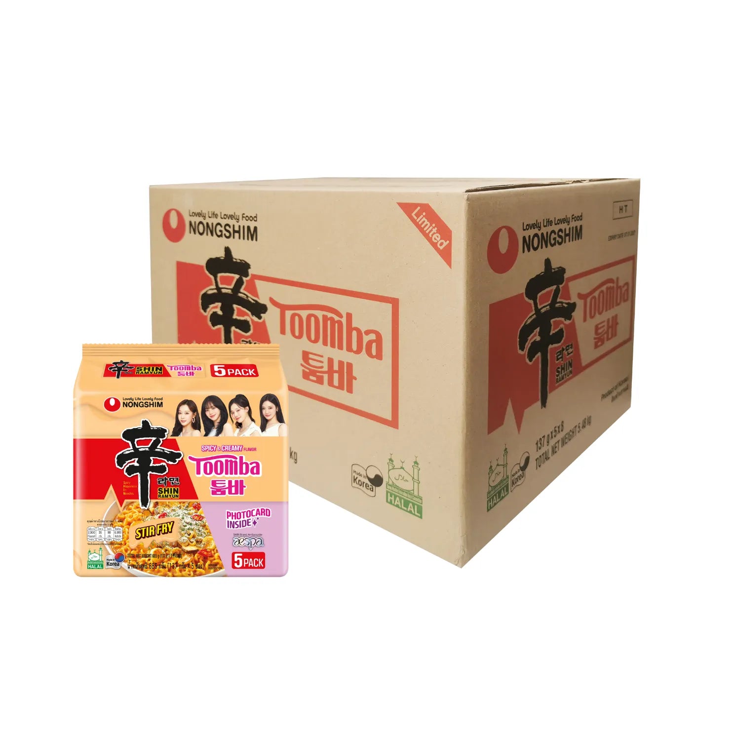 Nongshim Toomba Shin Ramyun stir fry dry grocery package with colorful noodles and ingredients on the front.