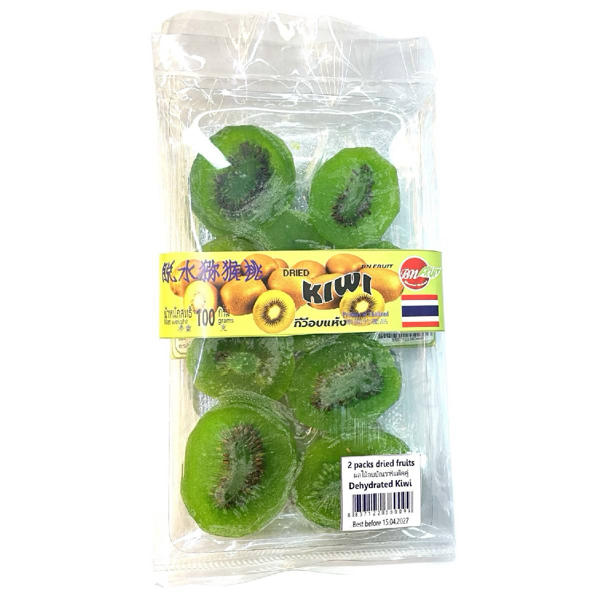 BN Fruit dried kiwi slices, natural confectionery snacks with vibrant green and brown dried fruit pieces on a neutral background.