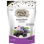 A close-up of Fruitmania pitted prunes, a pack of dark, chewy dried fruit snack in a clear bag.