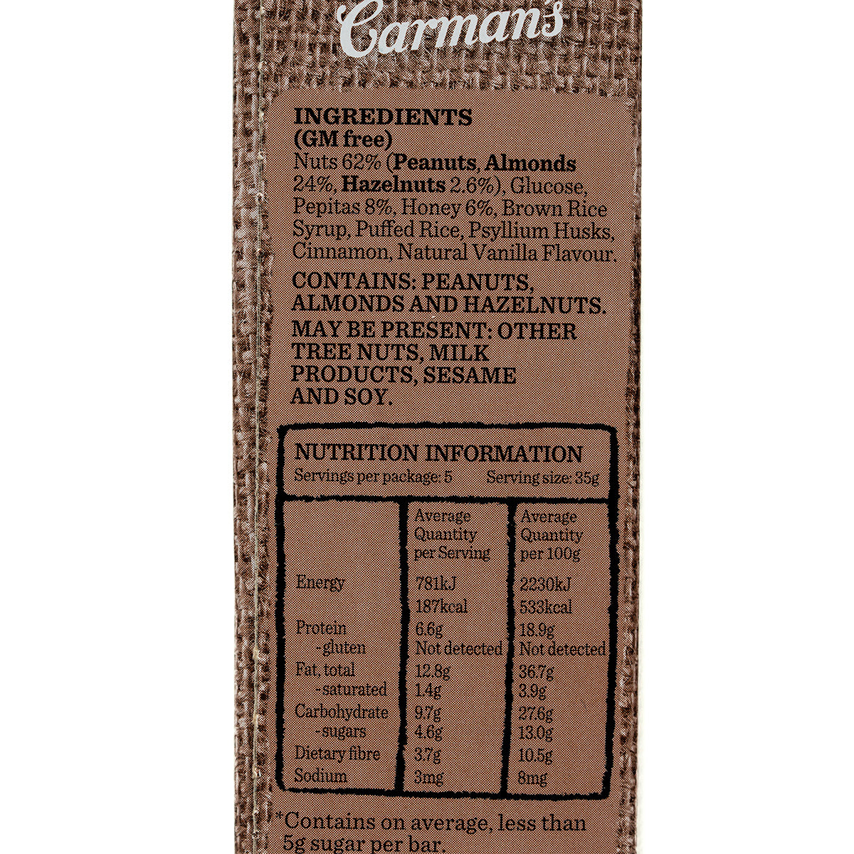 Carman's Almond Hazelnut & Vanilla Nut Bars showing three bars with almonds, hazelnuts, vanilla flavoring, and packaging.