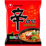 Nong Shim Shin Ramyun instant noodle package, spicy Korean ramen with beef flavor, featuring a bowl of prepared noodles and chili peppers