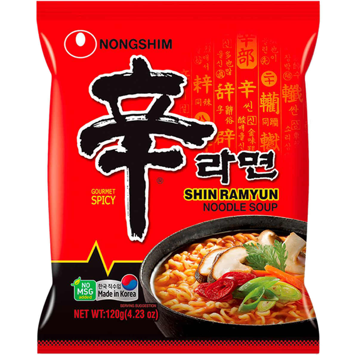 Nong Shim Shin Ramyun instant noodle package, spicy Korean ramen with beef flavor, featuring a bowl of prepared noodles and chili peppers