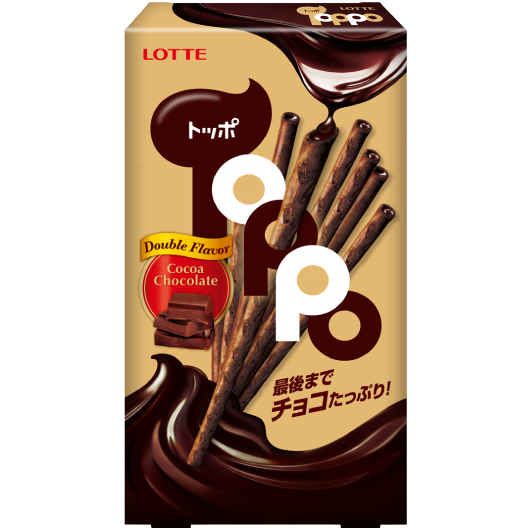 Lotte Toppo Cocoa confectionery snacks with biscuit sticks coated in chocolate, displayed in a close-up image.
