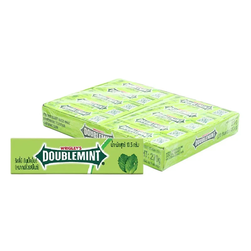 Wrigley's Double Mint Gum 13.5g packs, showing fresh mint-flavored chewing gum from the Wrigley's brand.